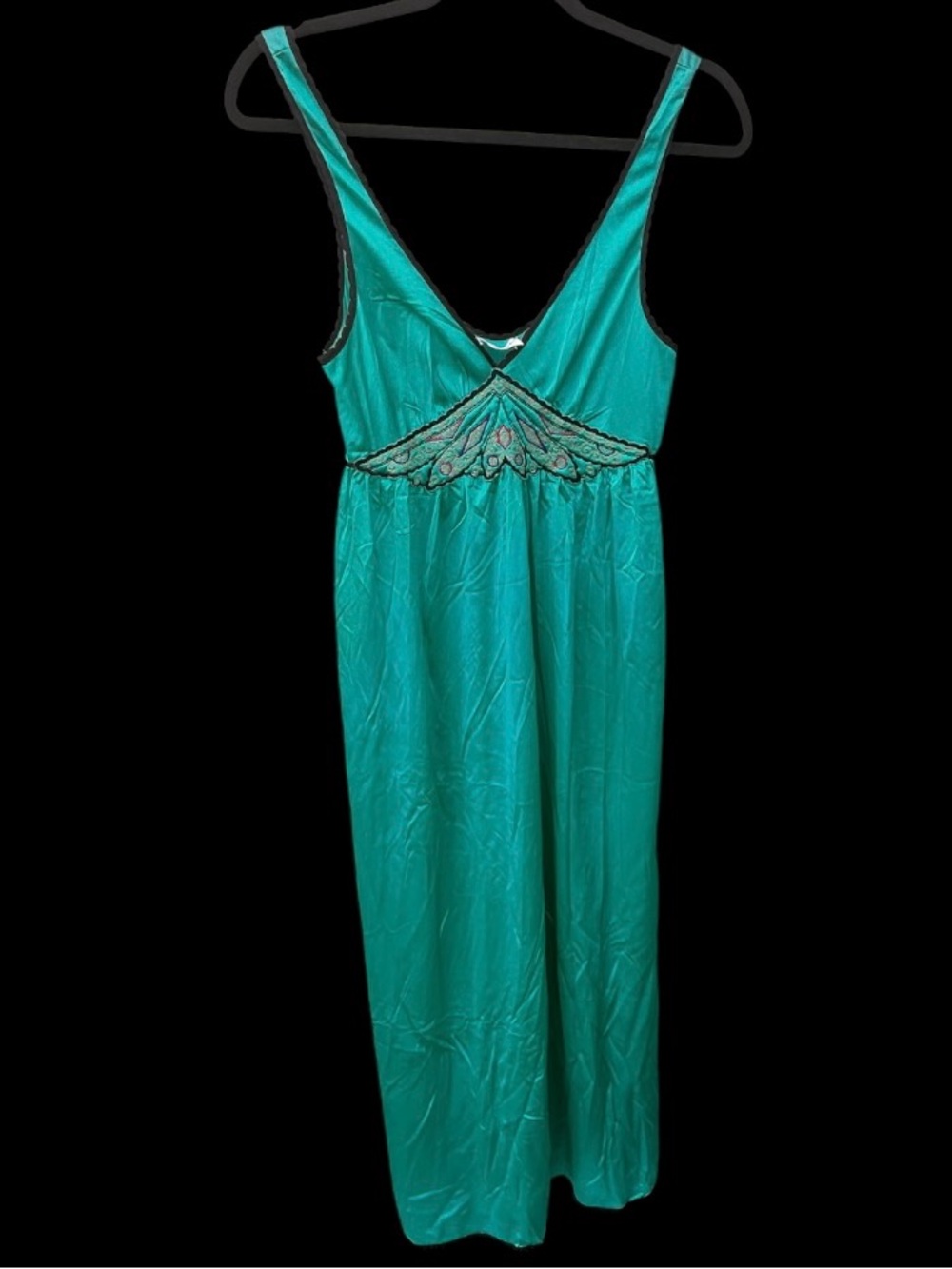 Vintage Lorraine Teal Satin Long Chemise Nightgown with Lace Trim